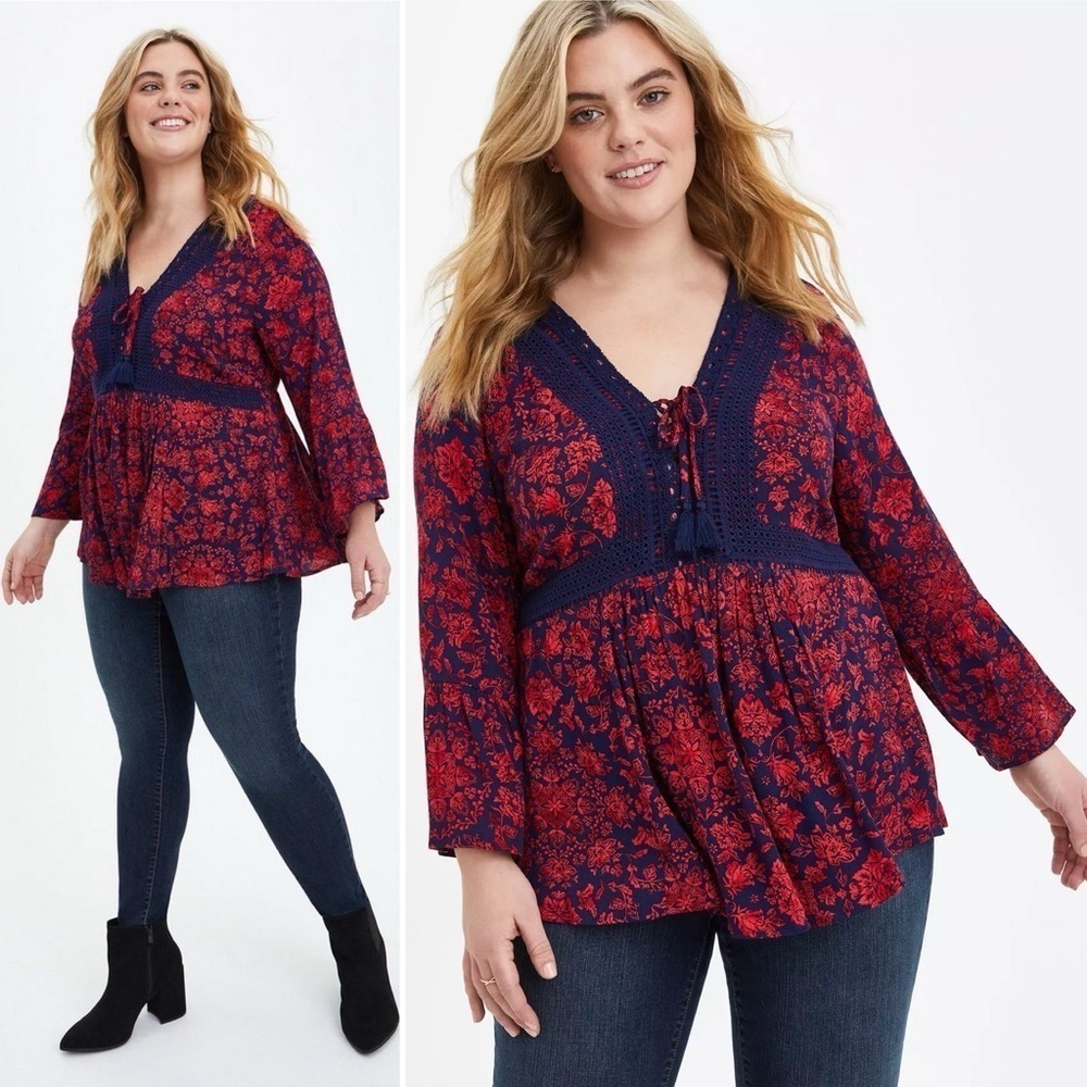 Torrid NWT Babydoll Gauze Crochet Trim Lace-Up Top 3X red navy floral boho flowy